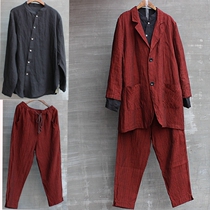 Male spring summer linen suit suit youth fashion shirt top ankle-length pants three-piece Large size literature