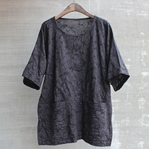 Mens summer linen plaid round neck pullover T-shirt shirt split sleeves simple and comfortable loose youth fashion fashion retro