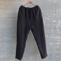 19 Mens spring and summer sand wash linen simple slim-fitting pants retro Chinese style elastic waist Joker Tone pants literature and art