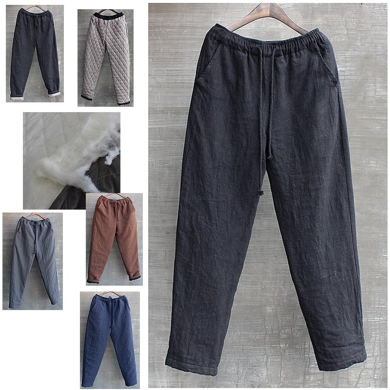 Men's casual cotton pants loose winter cotton thickened outside wear large size Chinese style men's linen pants warm black