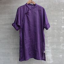 18 female Ramie stand collar slant-top shirt short gown see-through Chinese style literature and art long improved cheongsam blouse