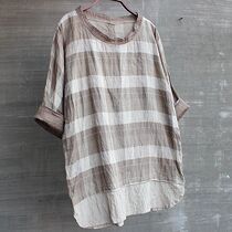 Chinese style mens vintage round neck cotton shirt large size linen shirt mens loose short sleeve shirt T