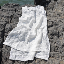 Original embroidered linen shirt womens summer loose sleeveless linen shirt round neck pullover front short back long cotton linen shirt White