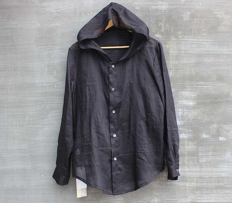 Chinese style Men's Chinese retro hooded cotton and linen shirt Large size linen shirt Men's loose long-sleeved top t-shirt