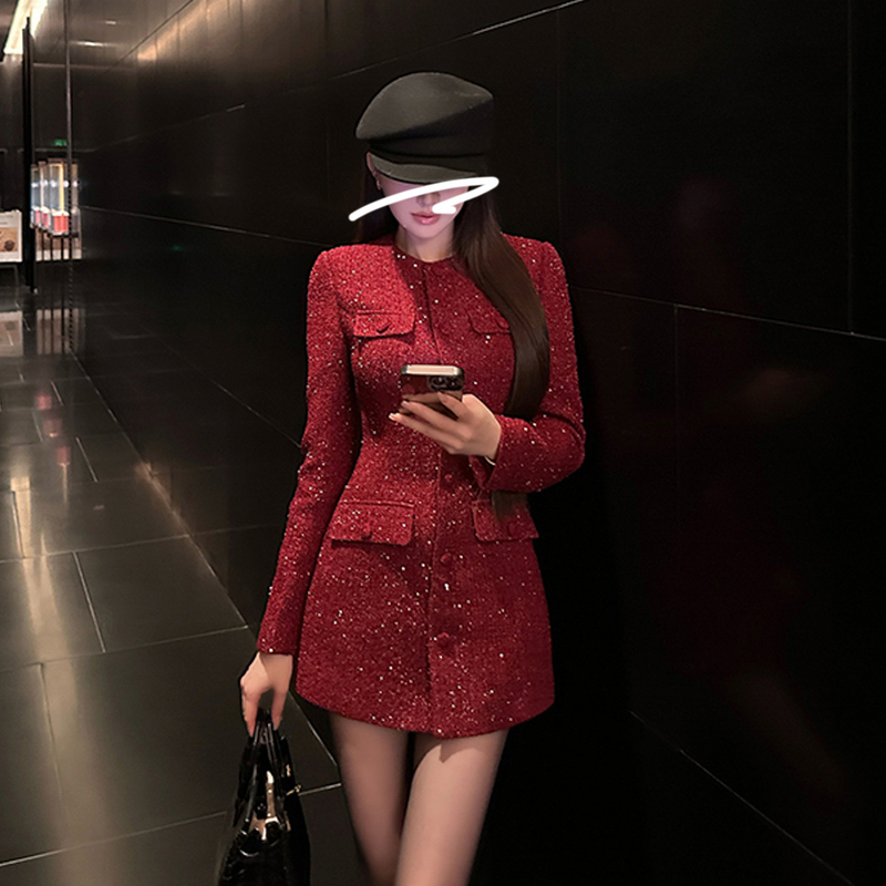 Ffmiss ◆ Chanel-Style Red Shiny Silk Waist-Cinching Mid-Length Woolen Coat with Heavy Craftsmanship and Elegant Tweed Suit.