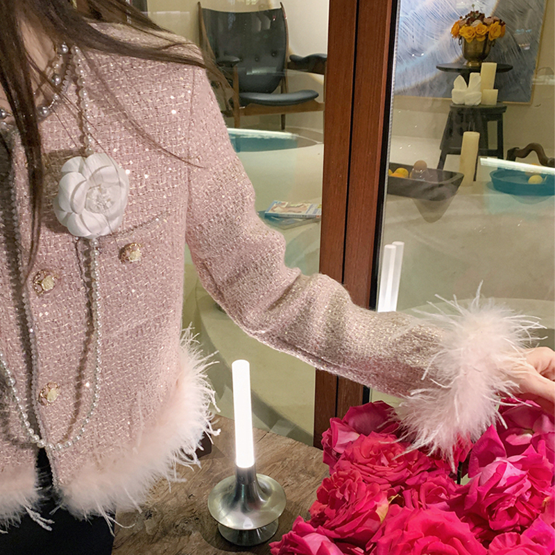 Ffmiss ◆ Light Luxury Pink Sequin Feather Woolen Short Coat for Women, Autumn French Style Fur Studded Shiny Silk Cardigan