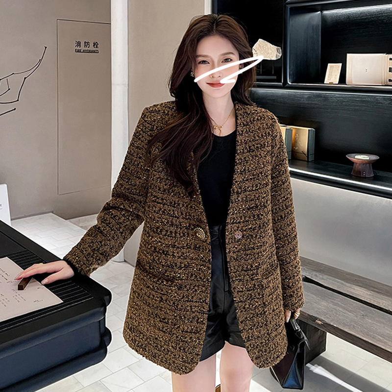 Ffmiss ◆ European Style Gold Thread Interwoven Wool Tweed Woven Fine Shimmer Chanel-Style V-Neck Loose Coat for Women