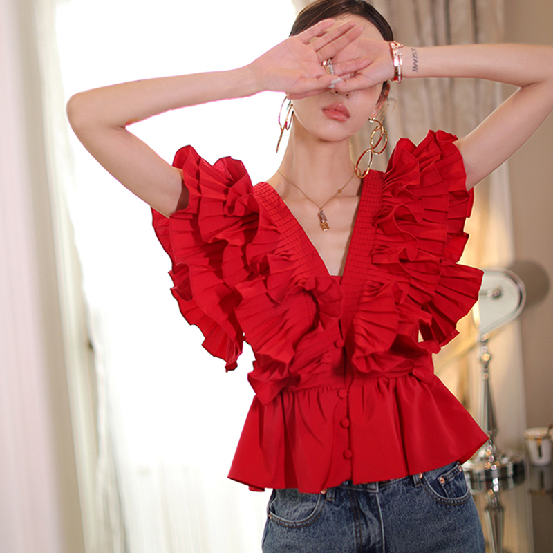 French-Style Single-Breasted Red Ruffled Pleated Short Shirt for Women, Summer Heavy-Duty Niche Fashionable Sleeveless Top