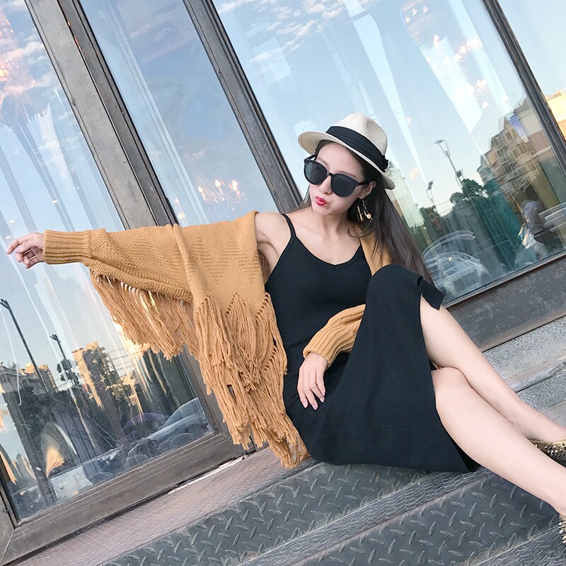 Very fairy lady retro slim temperament tassel irregular bat sleeve sweater shawl knitted cardigan jacket female