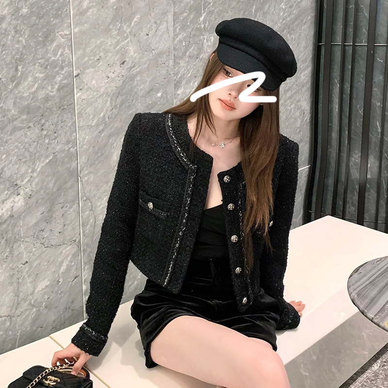 Ffmiss ◆ Black Shiny Wool Tweed Short Jacket for Women, Autumn and Winter Tweed Striped Woven Blazer Ffmiss ◆ Black Shiny Wool Tweed Short Jacket for Women, Autumn and Winter Tweed Striped Woven Blazer