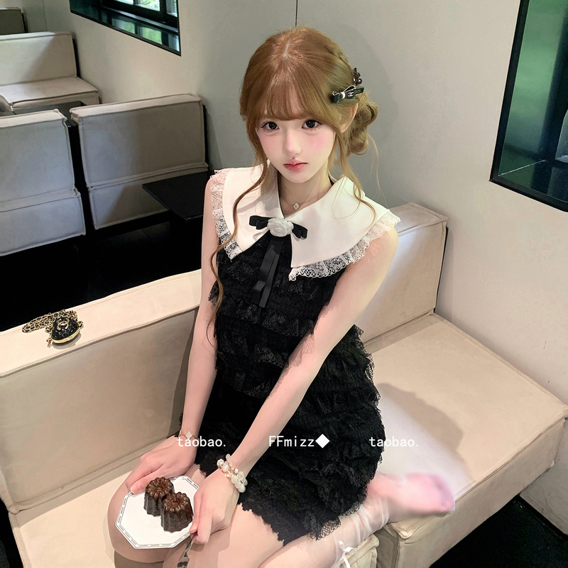 Ffmizz ◆ Retro Doll Collar Contrasting Color Bow Cake Dress for Women, Floral Sleeveless Lace Little Black Dress Ffmizz ◆ Retro Doll Collar Contrasting Color Bow Cake Dress for Women, Floral Sleeveless Lace Little Black Dress