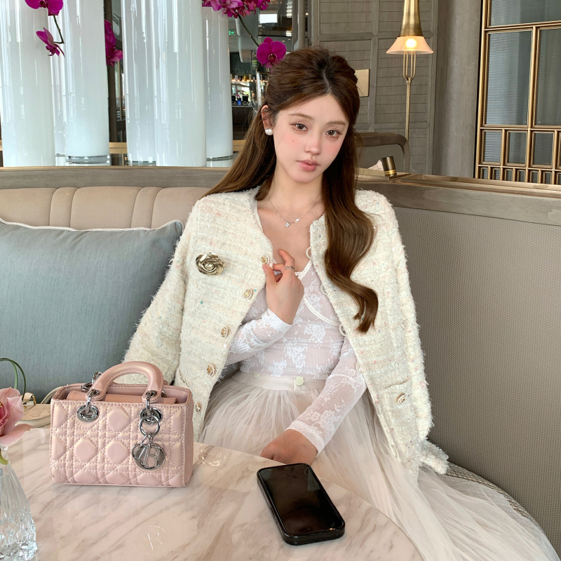 Ffmiss ◆ French-Style White Floral Sequin Woolen Short Coat for Women, Heavy-Duty Woven Tweed Slim-Fit Blazer. Ffmiss ◆ French-Style White Floral Sequin Woolen Short Coat for Women, Heavy-Duty Woven Tweed Slim-Fit Blazer.