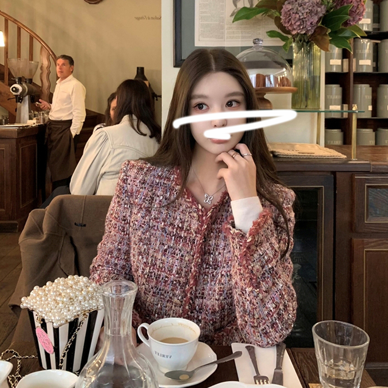 Ffmiss ◆ Tweed Style Woven Woolen Sequin Slimming Short Jacket for Petite Women with Round Neck Tweed Blazer Ffmiss ◆ Tweed Style Woven Woolen Sequin Slimming Short Jacket for Petite Women with Round Neck Tweed Blazer