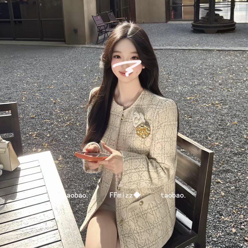 Ffmizz ◆ Tweed Style Three-Dimensional Floral Wool Plaid Blazer Loose Tweed Mid-Length Coat