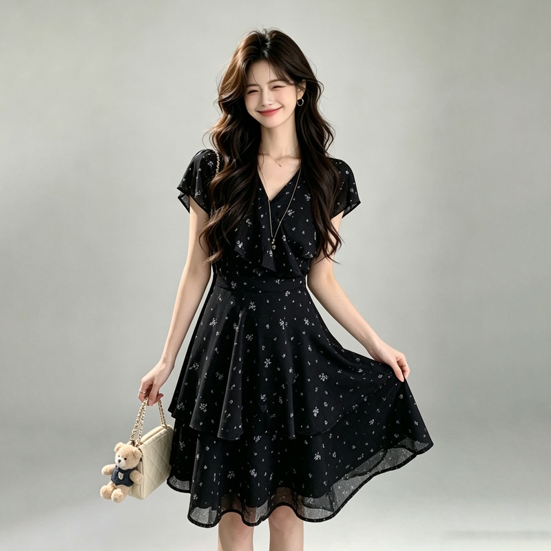 2026 Summer New Black Floral Dress for Women, V Neck, Ruffled Waist, Slimming, Asymmetrical Little Black Dress 2026 Summer New Black Floral Dress for Women, V Neck, Ruffled Waist, Slimming, Asymmetrical Little Black Dress