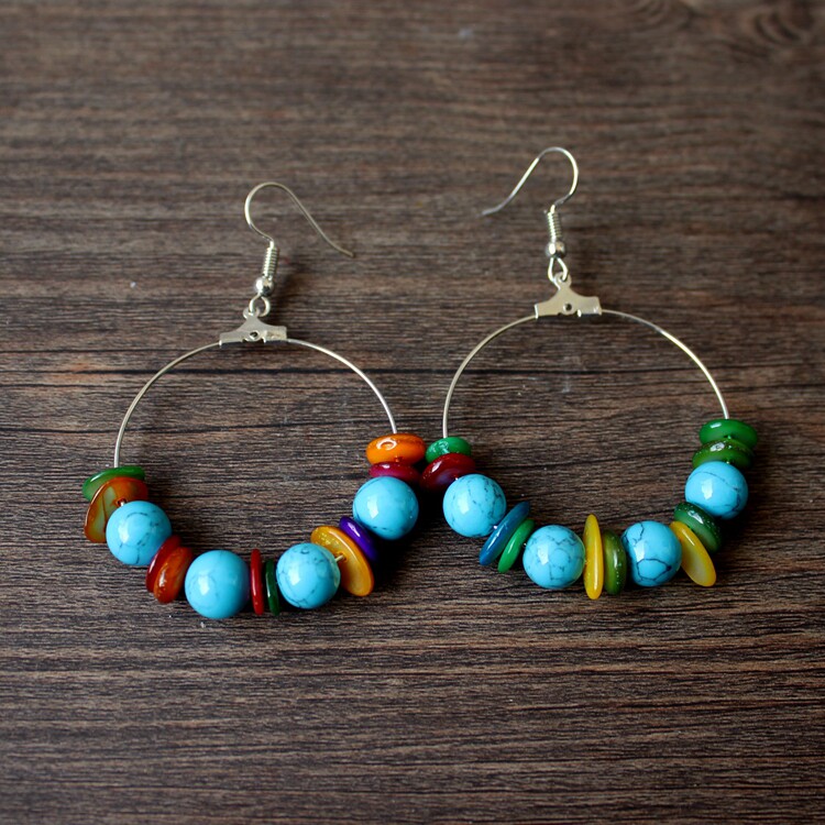 China Wind Retro Goods Factory Home Direct Marketing National Wind Color Stone Circle Ear Pin Bohemian Exaggeration Earrings R208