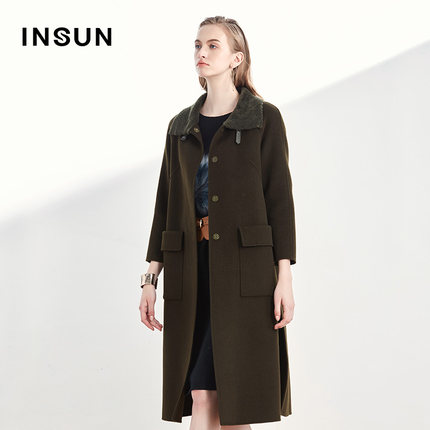 转恩裳修身100%羊毛大口袋毛呢大衣外套女2