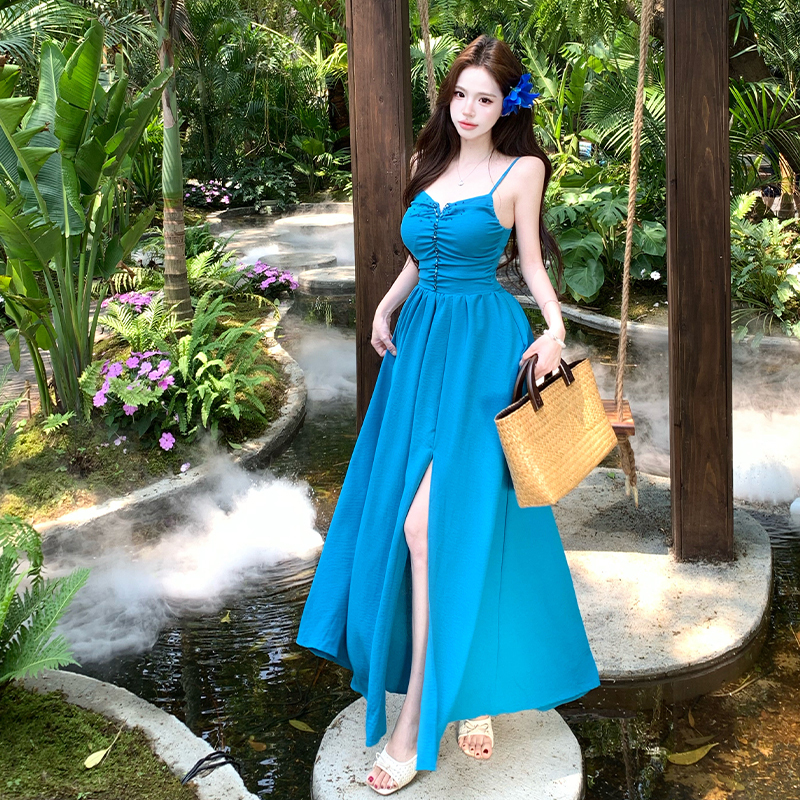 Deep Blue Sea~Sexy Slit V-Neck Beaded Backless Tie-Up Flared Strapless Beach Vacation Long Dress