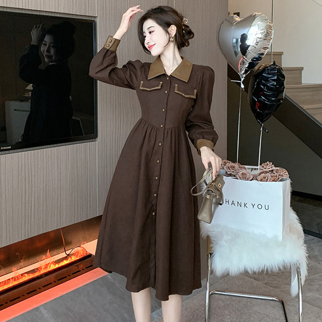 Temperament Royal Sister Fan Dress Autumn New 2022 High-quality Leather Spell Receiving Waist Thin Breasted Mid-Length Skirt Women