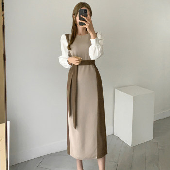 Korean chic retro color-blocking knitted dress autumn new 2022 foreign style design sense slim lace-up dress women