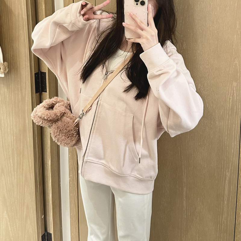 Edsohua Korean Style Lazy Casual Solid Color Cardigan Hooded Sweatshirt Casual Jacket for Women in Spring and Autumn
