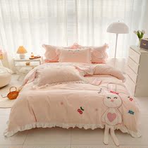 Spring and summer 60 washed cotton children Four sets of full cotton cute rabbit girl Quilt Princess Cartoon Embroidered Bed