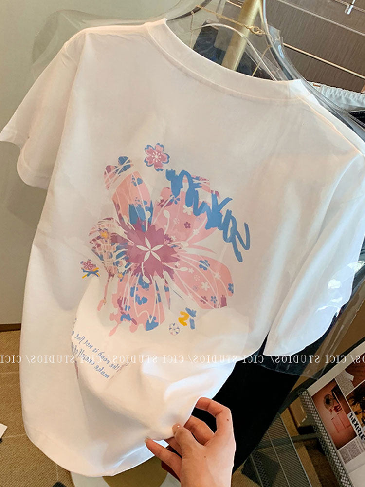 Clear cabin pick up special cabinet Withdrawal Tail single big card Foreign trade Korean version of the new printed small crowd Slim Loose T-Shirt Woman
