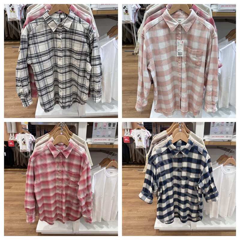 2024 Uniqlo Autumn Collection Women's Flannel Soft Stand Collar Soft Plaid Long Sleeve Shirt Thin Jacket 472502