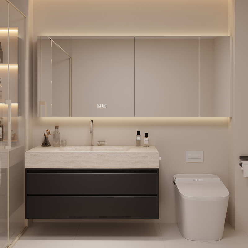 George Modern Minimalist Bathroom Cabinet Set with Integrated Rock Slab Hot-Bent Basin, Extended Mirror Cabinet, and Washbasin George Modern Minimalist Bathroom Cabinet Set with Integrated Rock Slab Hot-Bent Basin, Extended Mirror Cabinet, and Washbasin