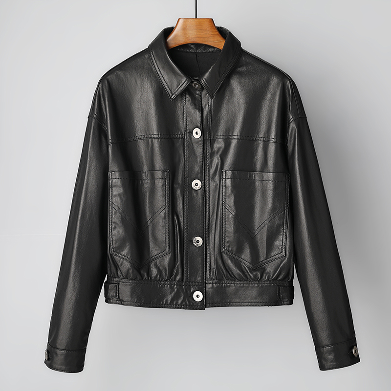 2022 new spring and autumn Henning genuine leather leather clothes female short and sheep leather jacket square collar Jacket Jacket Loose conspicuine