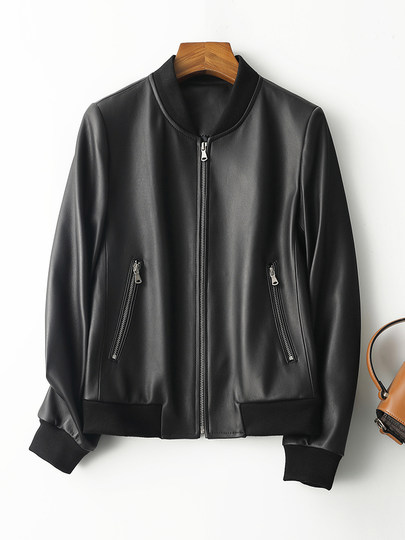 Genuine leather jacket for women, short baseball jacket, high-end first layer sheepskin small jacket, casual versatile round neck slim jacket