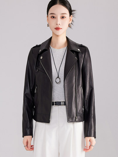 New Spring and Autumn Haining Genuine Leather Jacket Women's Short First Layer Sheepskin Fashionable Temperament Jacket Slim Slim Leather Jacket