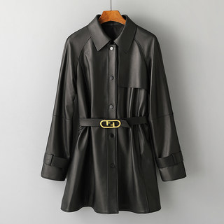 Spring and Autumn New Haining Genuine Leather Jacket for Women, Mid-Length Trench Coat with Raglan Sleeves, Sheepskin Slimming and Elegant Top Coat