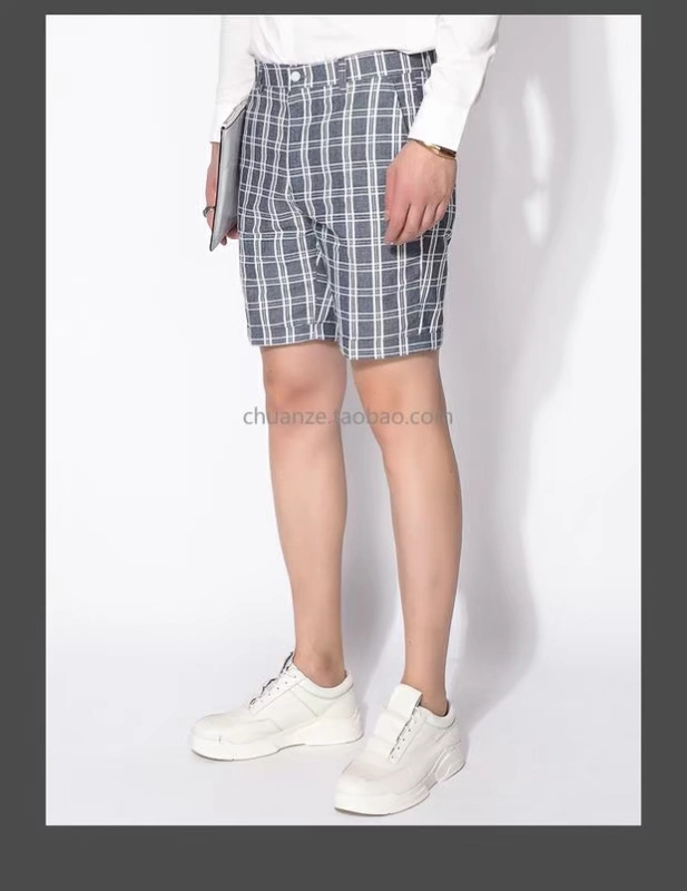 Chuan Ze cotton và linen mỏng phù hợp với quần short nam 2019 Xia Yinglun gió xám kẻ sọc thời trang quần âu - Suit phù hợp