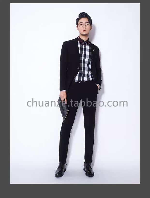 Bộ đồ vest nam Chuan Ze hai mảnh phù hợp với quần rắn màu Xiaoxi Slim Hàn Quốc phù hợp với màu đen cổ điển áo len nam