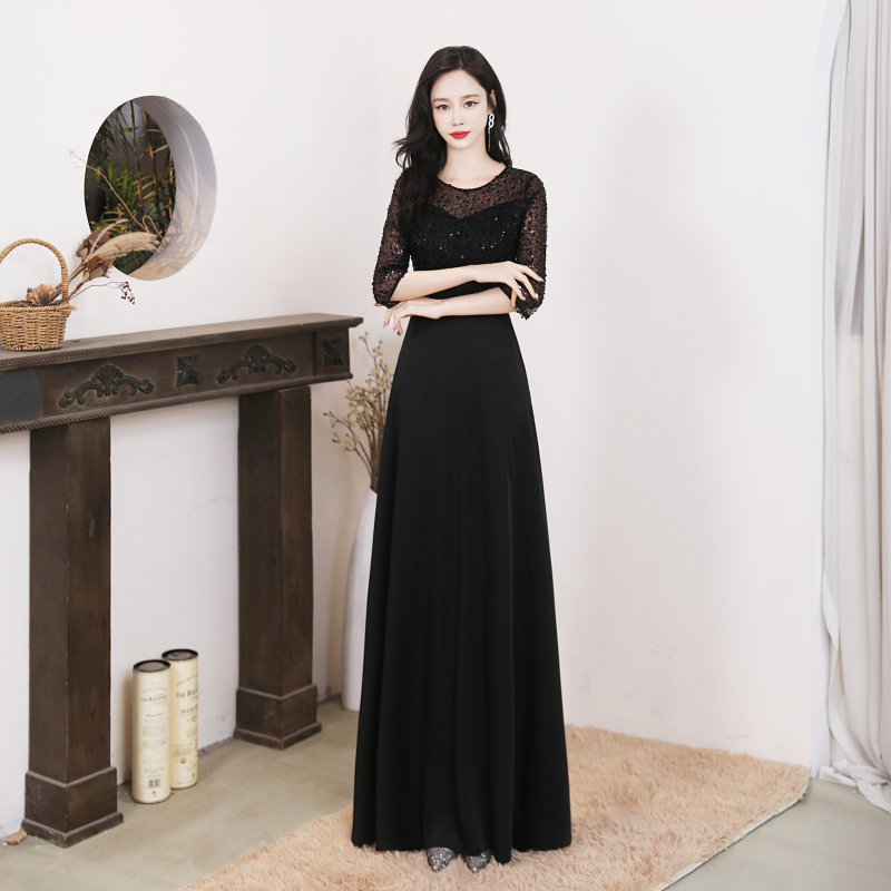 2026 New High-End Luxury Black Long Dress for Piano Performance, Annual Meeting Host, with Mid-Length Sleeves 2026 New High-End Luxury Black Long Dress for Piano Performance, Annual Meeting Host, with Mid-Length Sleeves
