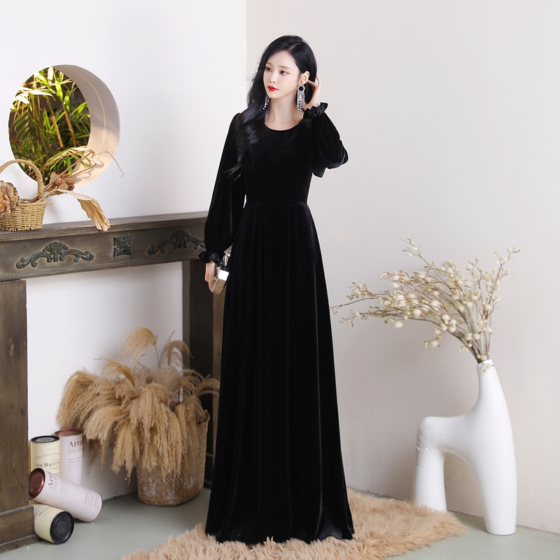 Black Autumn and Winter New Velvet Outfit for Art Exams, Choir Conducting, Musical Instrument Performance, Hosting, Coming-Of-Age Ceremony, Women's Slim-Fit, Light Luxury