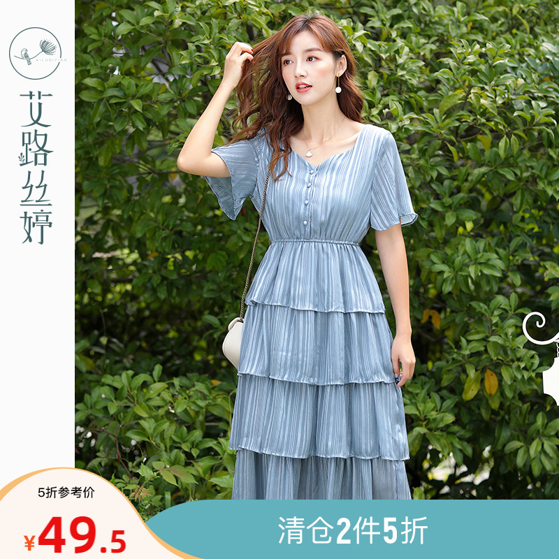 ALO SATIINIQUE Snow spinning short sleeve foreign dress woman 2019 summer dress new stripe High waist foreign pie with long version of cake skirt