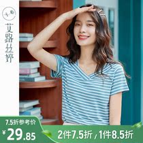 Ai LuSilk striped short sleeve T-shirt woman 2021 summer dress new Korean version of the square collar compassionate and casual cotton blouse