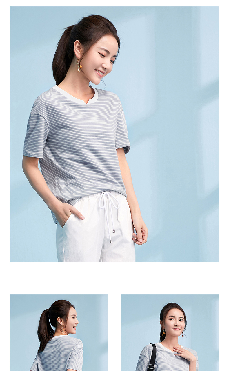 Ai Lu Si Ting 2019 hè mới Hàn Quốc phối màu áo thun cổ chữ V nhỏ sơ mi sọc mỏng áo thun nữ tay ngắn cổ tròn áo tay lỡ form rộng hàn quốc