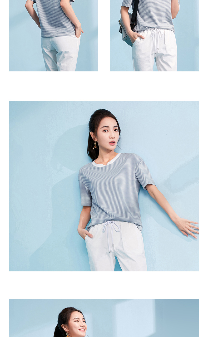 Ai Lu Si Ting 2019 hè mới Hàn Quốc phối màu áo thun cổ chữ V nhỏ sơ mi sọc mỏng áo thun nữ tay ngắn cổ tròn áo tay lỡ form rộng hàn quốc