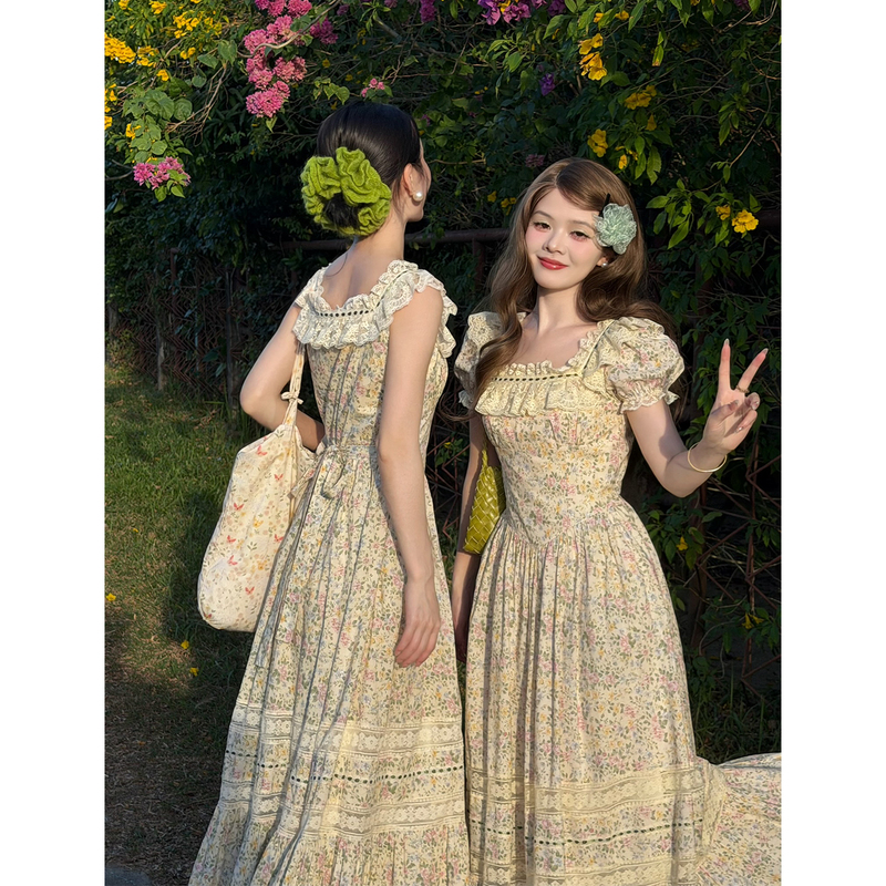 Lu Heqi Floral Dress French Retro Pastoral Style Summer Beautiful Floral Dress Women's Waist-Cinching Mini Dress