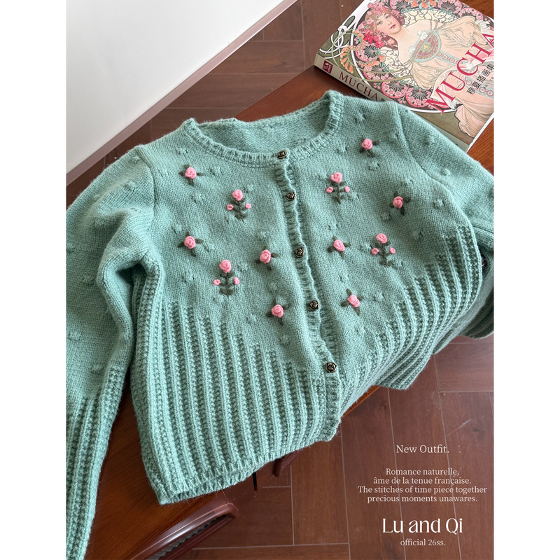 Lu Heqi French Pastoral Style 3D Floral Knitted Cardigan for Women, Round Neck Embroidered Crochet Mori Style Sweater Top Lu Heqi French Pastoral Style 3D Floral Knitted Cardigan for Women, Round Neck Embroidered Crochet Mori Style Sweater Top