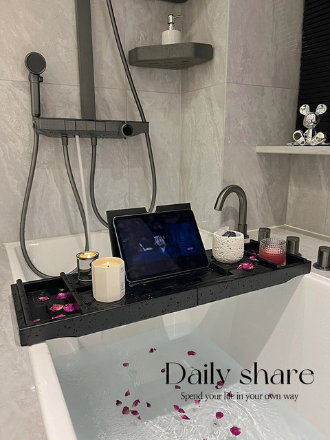 Bathtub Storage Rack, High-End Bathroom Soaking Tray, No-Drill Retractable Bracket, Water-Draining Hotel Bathtub Tray