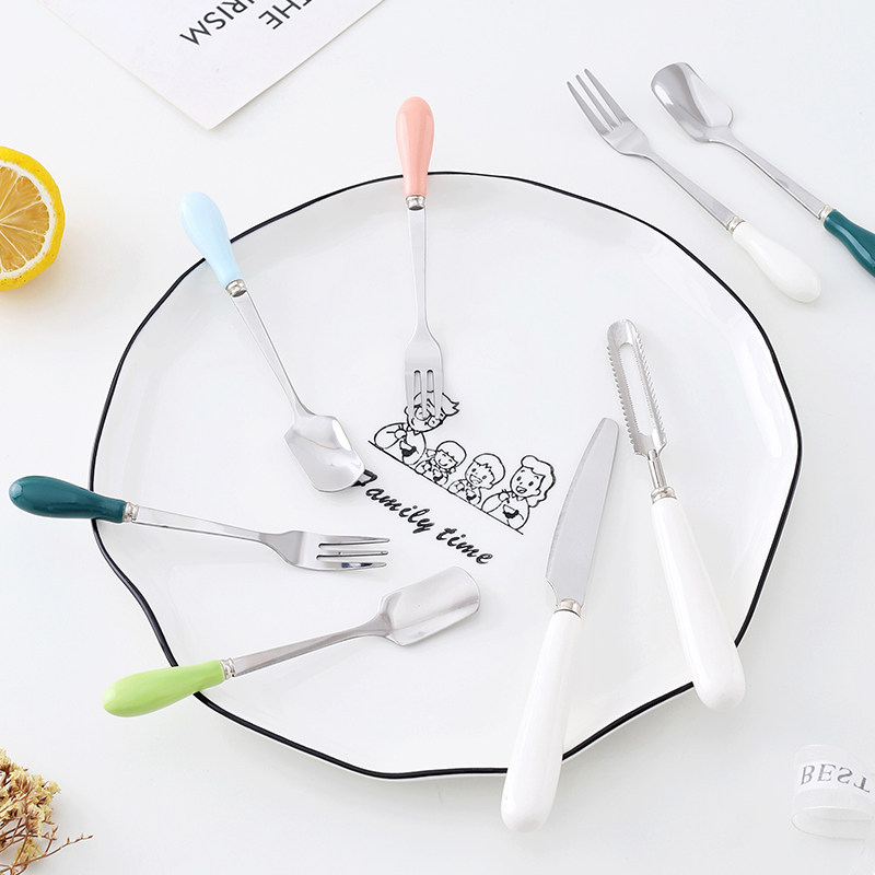 Stainless steel fruit fork spoon knife peeling knife ceramic handle fork home coffee dessert spoon fruit sign cake fork