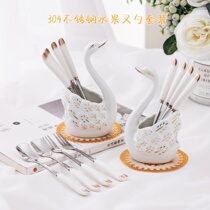 Swan creative fruit fork set household ceramic stainless steel small fork spoon dessert fork cake fork dessert fork spoon