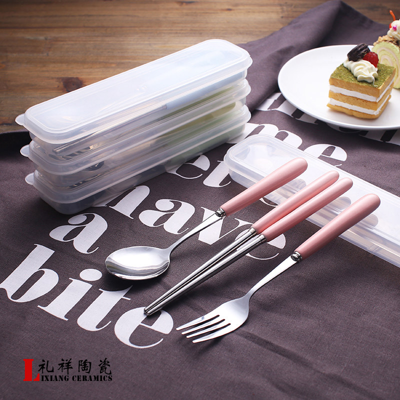 Creative student portable tableware set ceramic handle stainless steel chopsticks spoon fork tableware three-piece boxed