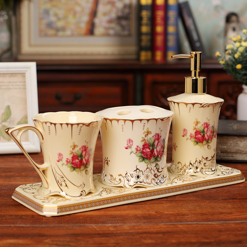 Eurostyle Ceramic Wash Kit Bathroom four pieces Bath Room Supplies Makeup Room Gargling Cup Suit With Nursery Newlyweds