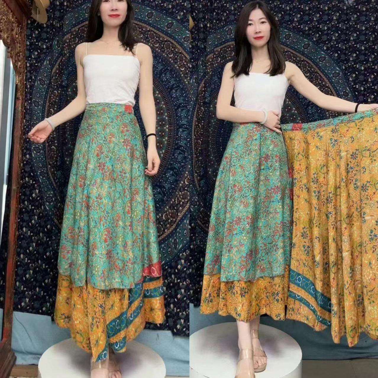 No. 2 カヤタイ 手描き 金箔押し 両面シルク ラップスカート