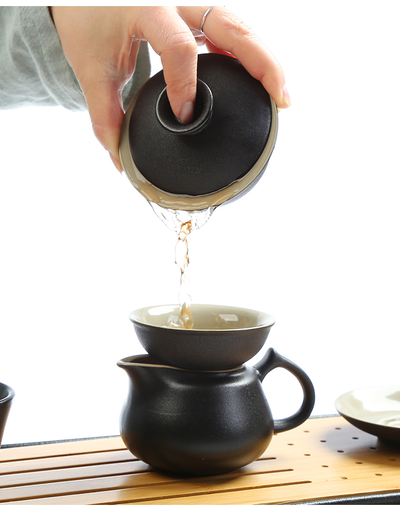 峰 Bộ gốm Kung Fu Bộ trà Zen Style Black Cover Bát gốm đen gốm sứ bát ba bát Kung Fu Tea Cover bát trà bộ ấm trà